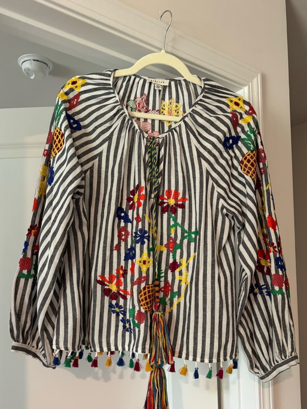 Stellah Black-and-White Striped Embroidered Tassel Blouse